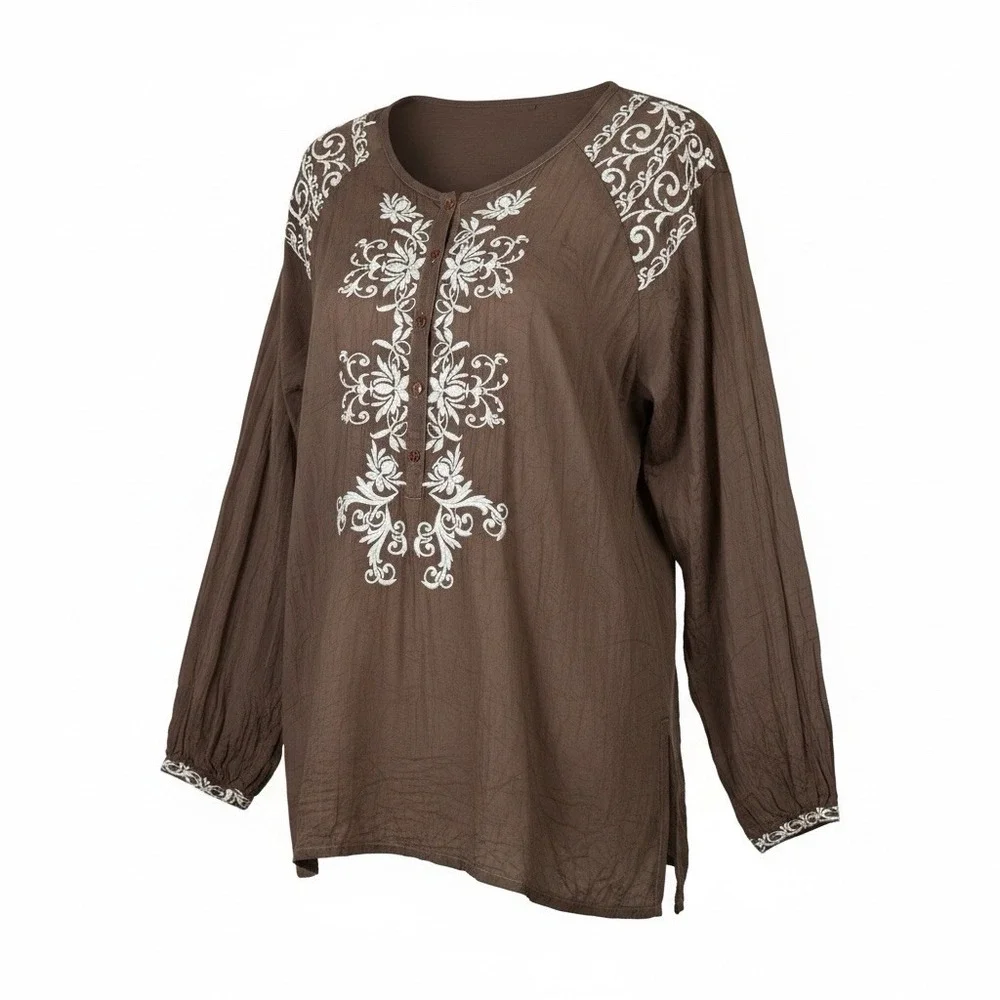 Johnny Was Tunic Size L Brown Embroidered Long Sleeve Boho Feminine Elegant Cali - Picture 2 of 10